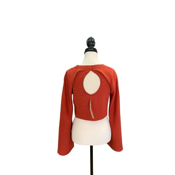 Orange Ribbed Knit Cropped Top With Bell Sleeves & Cutout Back Size S - Picture 5 of 11